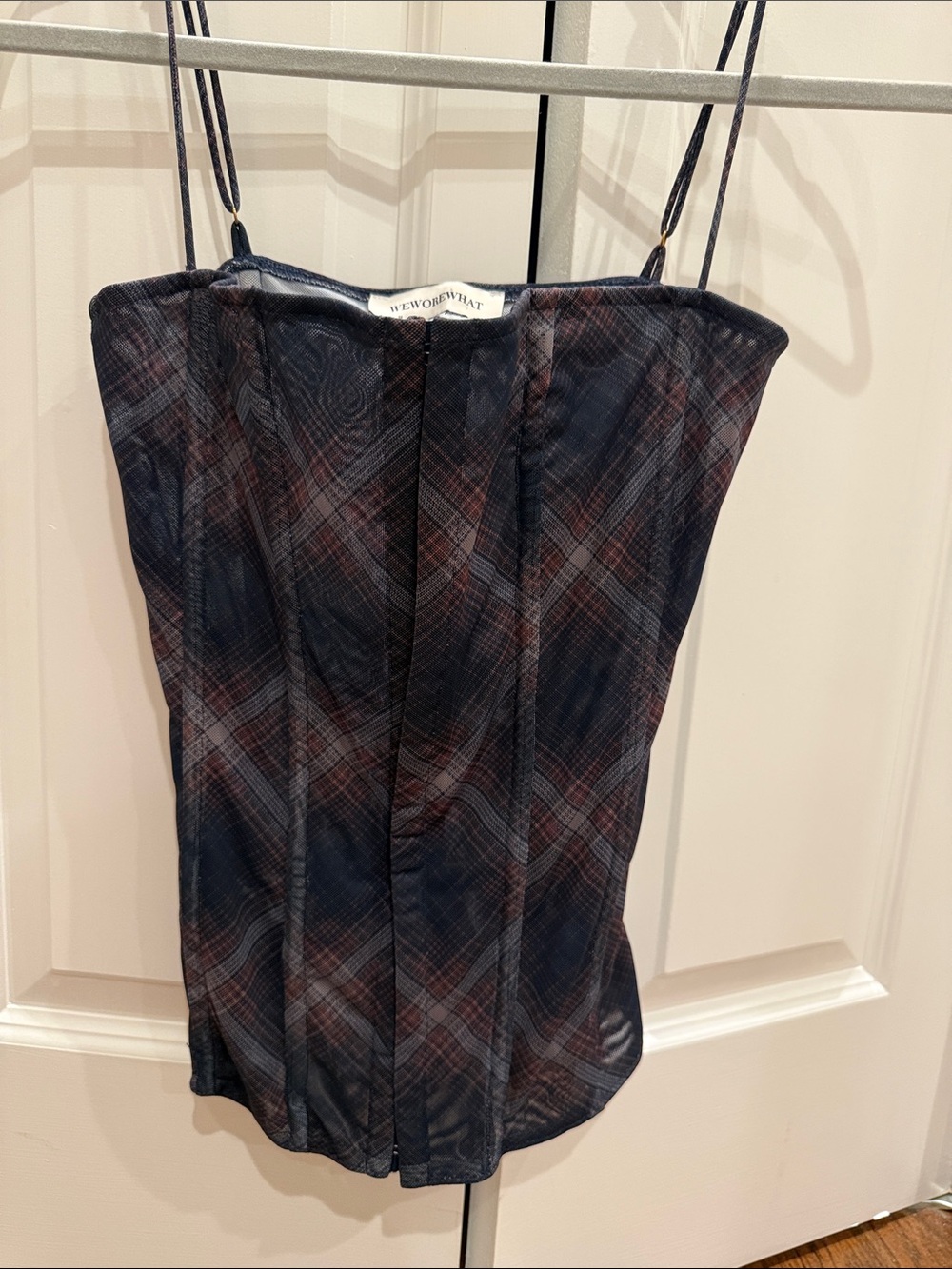 WeWoreWhat Navy and Burgundy Plaid Corset Camisole. Runs small
